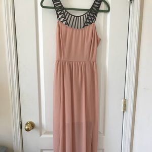 Blush colored maxi dress with bronze neckline.